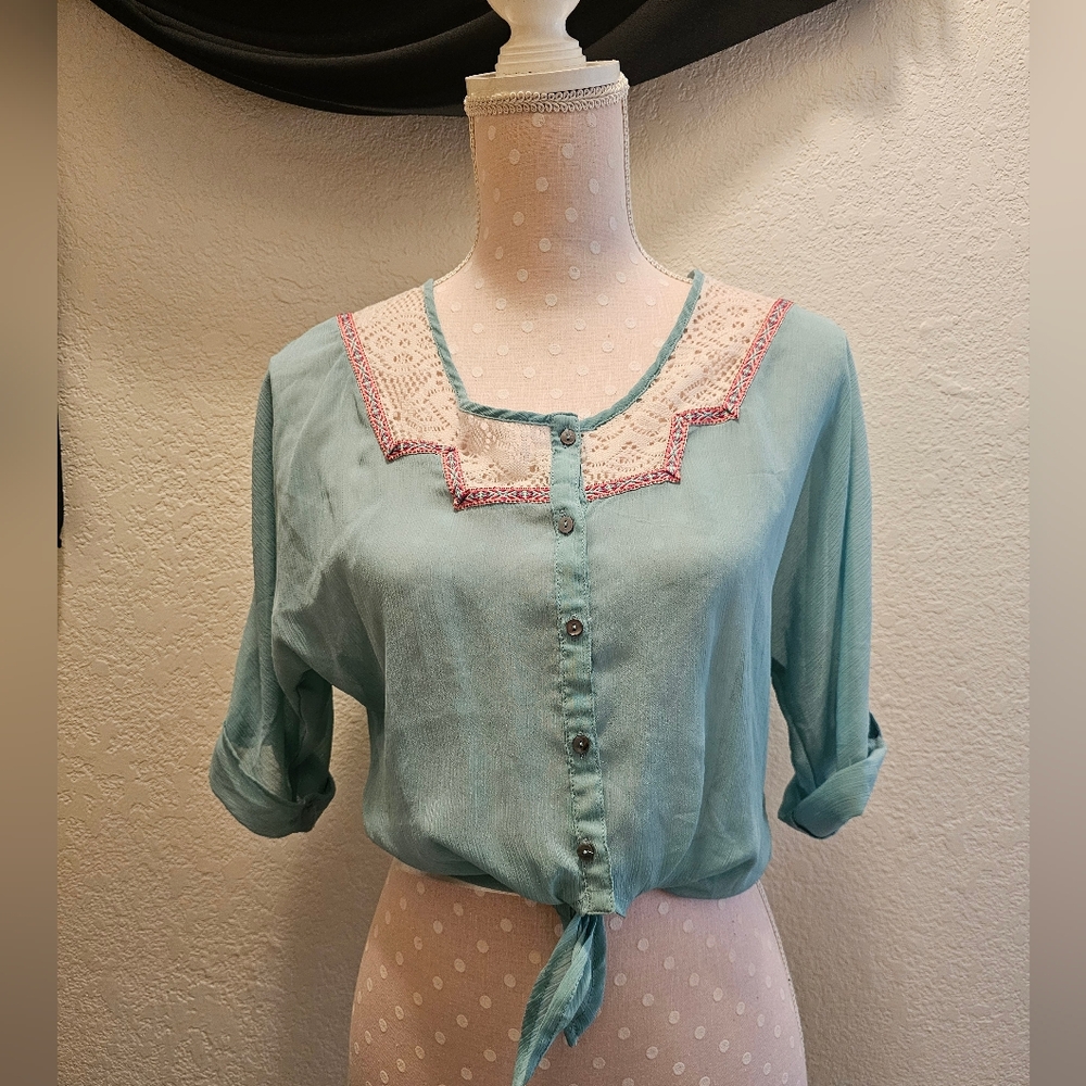 Teal Belle Du Jour Flowy Button Up With Crochet Detail